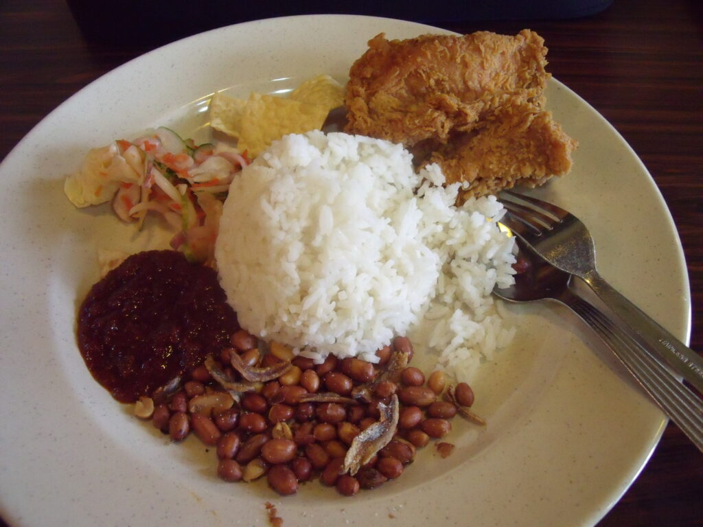 Nasi lemak with rice and accompaniments