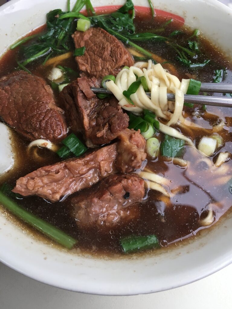 A bowl of Taiwanese beef noodle soup in Taipei